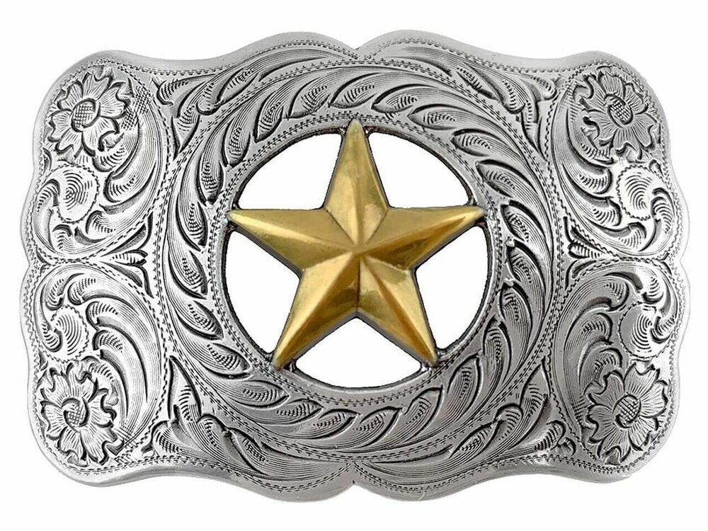 5629 H8459 Western Cowboy Star Gold and sterling silver engraved Belt